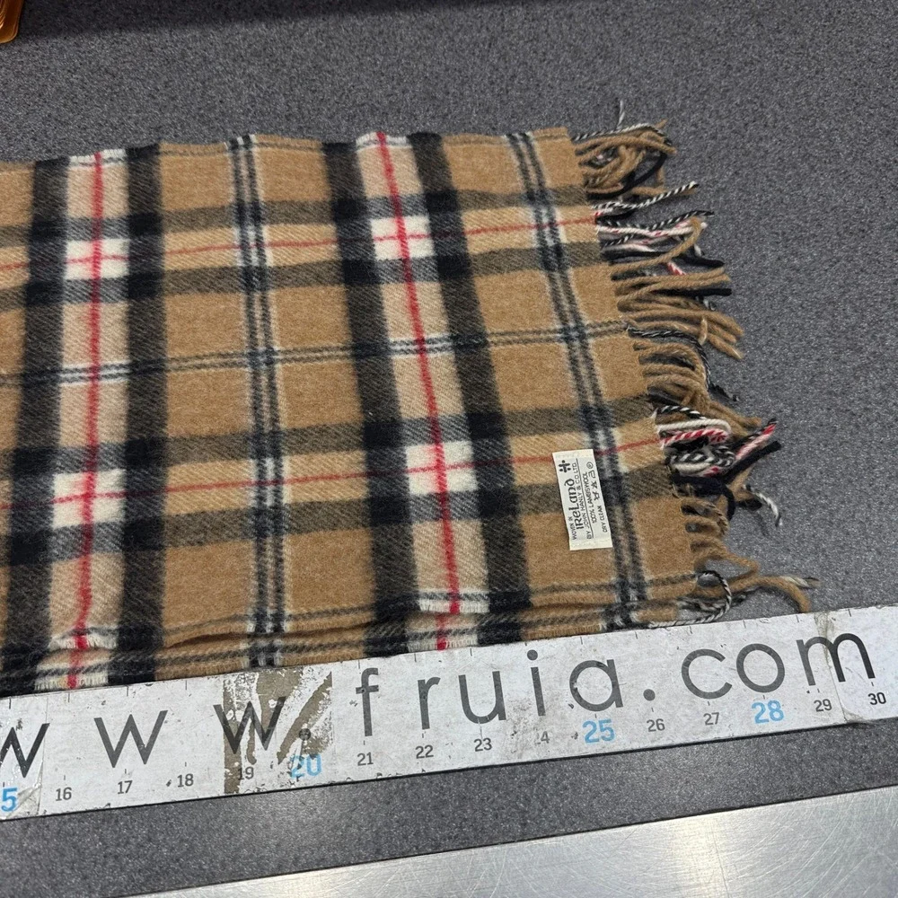 John Hanly Scarf Unisex OS Tan Excellent Lambswool Plaid Woven in Ireland Fringe